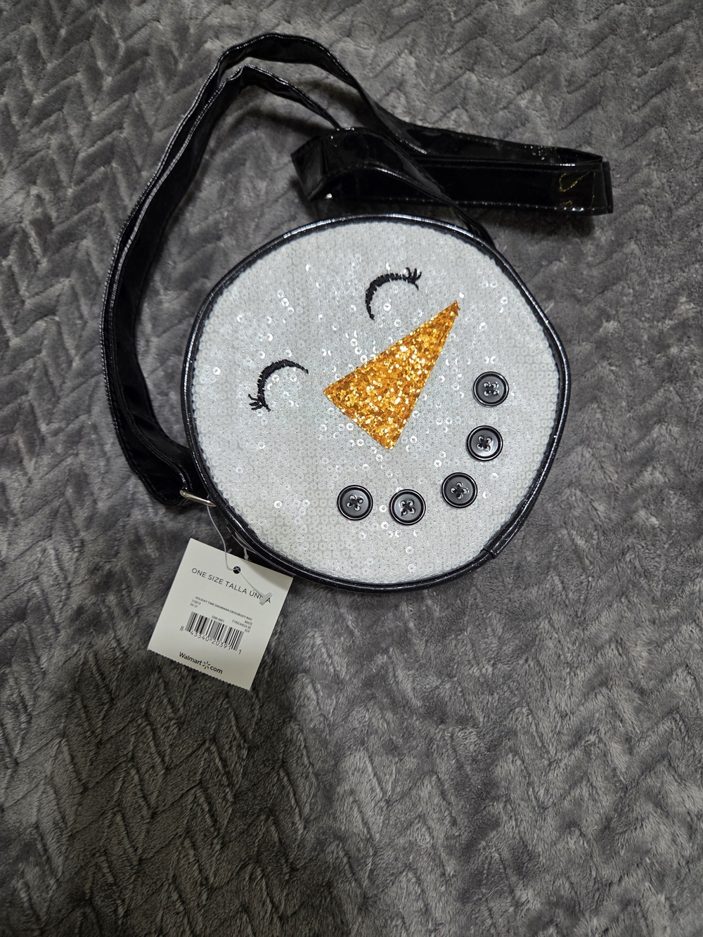 Holiday Time White Sequin Snowman Crossbody Bag with Gold Nose